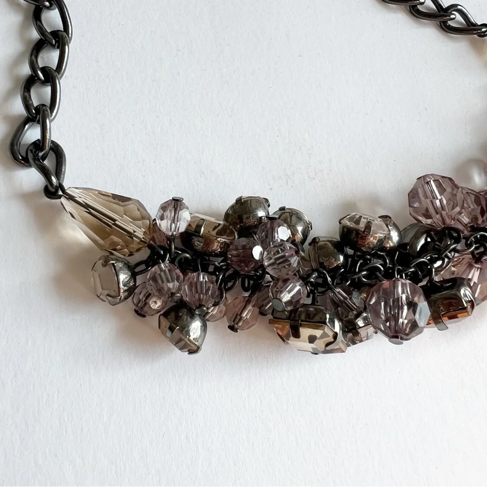 Loft multicolor beaded statement‎ necklace gunmetal chain chunky gemstones